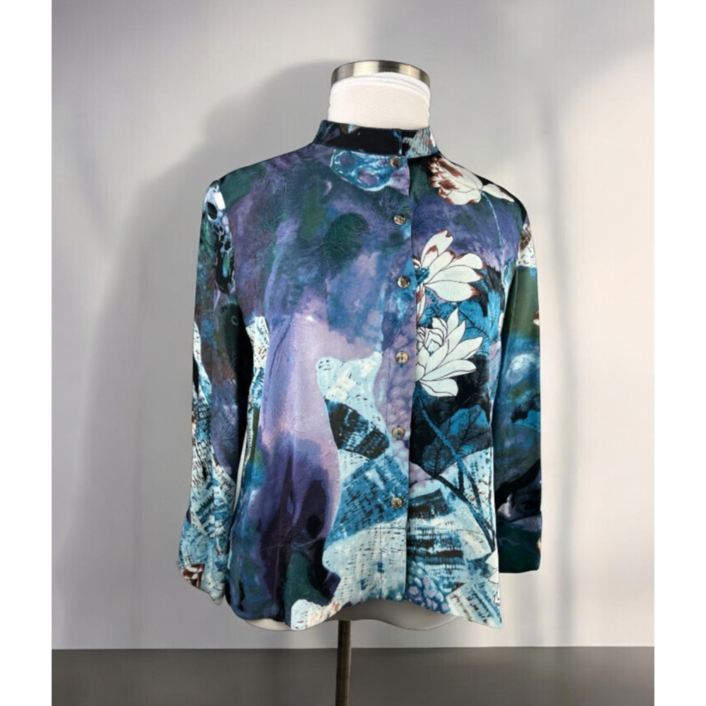NWT CITRON Santa Monica 100% Silk Button Front Blouse Abstract Floral Size XL - Picture 1 of 16